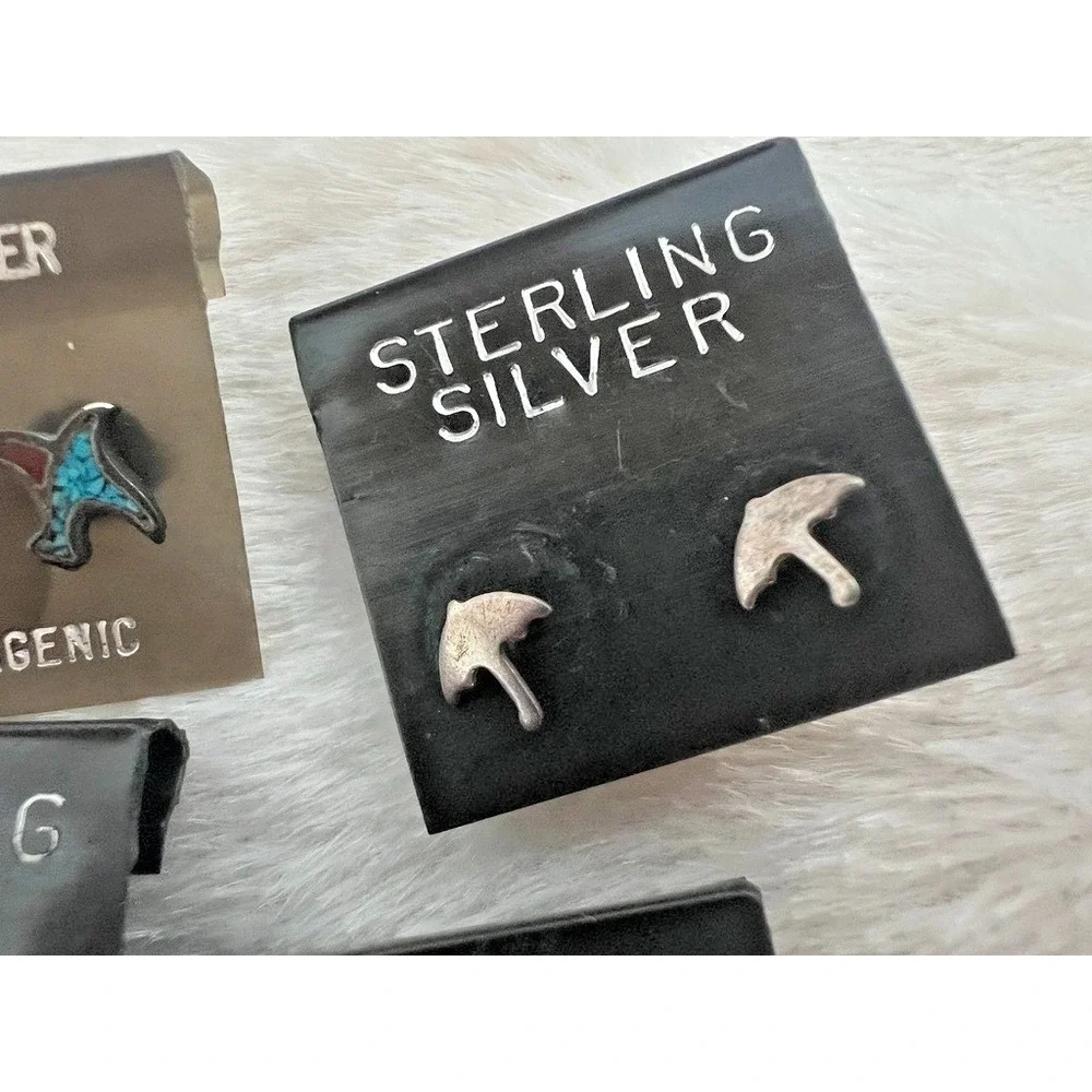 Lot Sterling Silver Stud Earrings Tiny Lightning Bolt Moon Star Rain Turquoise - Picture 7 of 13